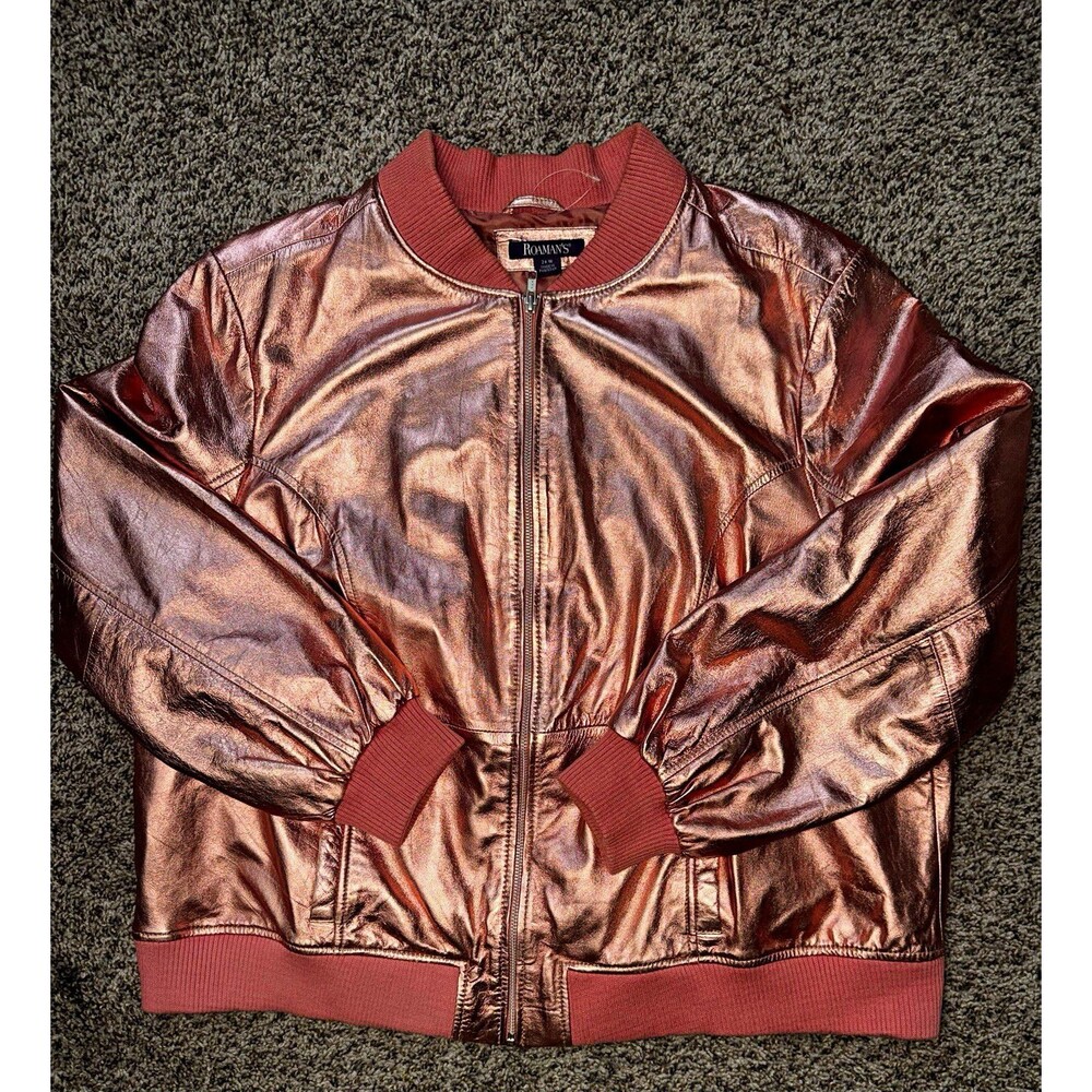 Roaman’s 24W Metallic Rose Gold Leather Bomber Jacket Women’s Zip Front